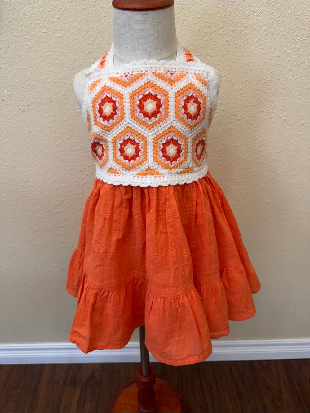 Haute Hippie Girls Boho Orange & White Crochet Bodice Tiered Dress Size 3T